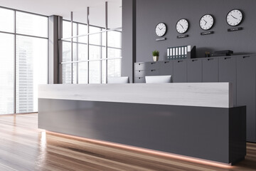 Reception with clocks in gray office corner