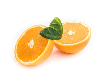 Ripe orange isolated on white background - fresh citrus fruit photography, orange cut in half