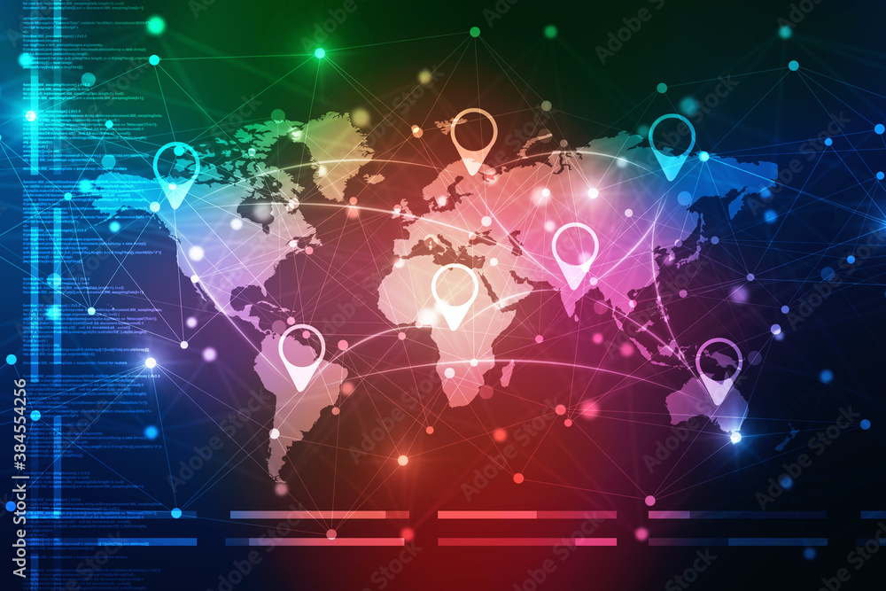 Fototapete 2d rendering red map pointer with world map
