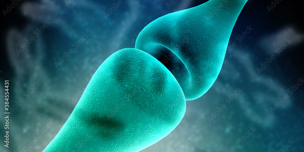 Poster synapse and neuron cells sending electrical chemical signals. 3d rendering