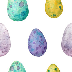 Colorful egg clip-art watercolor seamless pattern. Dino eggs hand painted endless background.