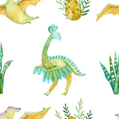 Bird-like dinosaur clip-art and eggs watercolor seamless pattern. Dino endless background. Cute pattern for children textile. © galunga.art