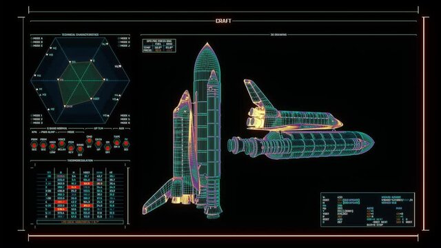 Multicolored Mission Control Center monitor with indicators and launch parameters, displaying the status of the space shuttle modules. Space constructor interface with HUD infographic elements.