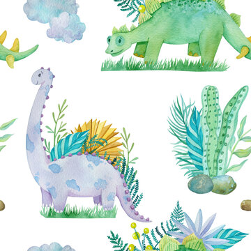 Green dinosaur clip-art with tropical leaves watercolor seamless pattern. Dino endless background. Cute pattern for children textile.