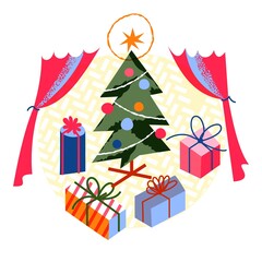 Christmas tree with presents background. Happy holiday celebration vector illustration. Festive party at home with gifts, new year indoor. Xmas night in winter at home scene