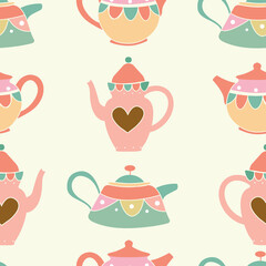 Vector coral pink sage green tea pots seamless pattern background. Perfect for fabric, scrapbooking, wrapping paper, wallpaper projects