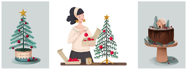 Set of Christmas illustrations. Trendy retro style cards.