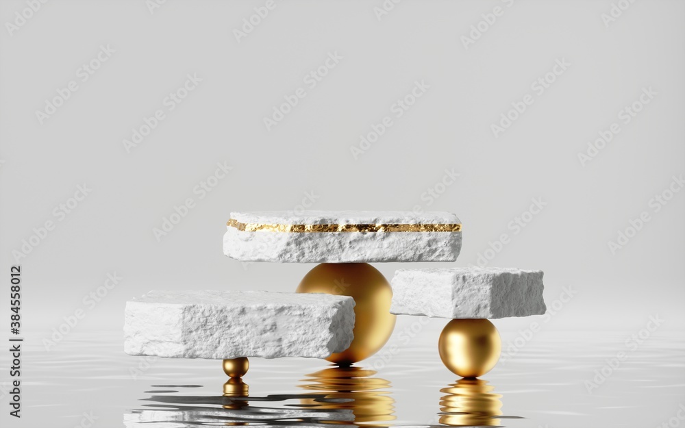 Poster 3d render, abstract modern minimal background with reflection in the water. cobblestones on the top 