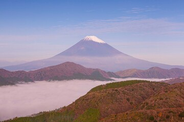 Mount Fuji and the sea of mist over Lake Ashi in Hakone in autumn