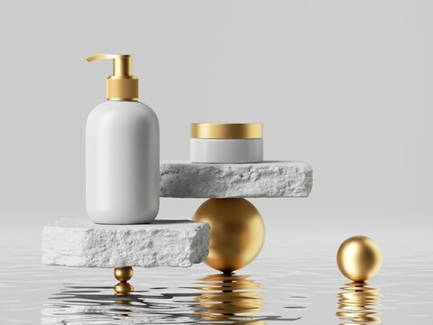 3d render, abstract modern cosmetics presentation. White cream jar and dispenser bottle with golden caps placed on cobblestone platforms on golden balls. Blank package mockup, commercial showcase