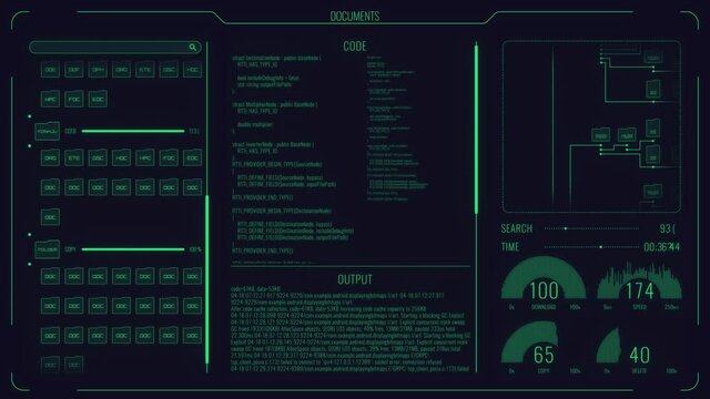 Futuristic HUD Animation of generic data with text area, UML diagram and animated graphs. Green tech computer software panel. Computer game interface, hi-tech software panel.