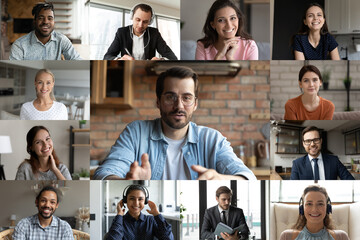 Diverse multiracial colleagues talk speak on video call engaged in group online briefing in home...