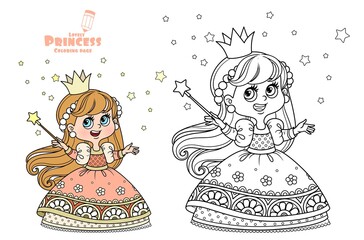 Cute princess with a magic wand outlined and color for coloring book