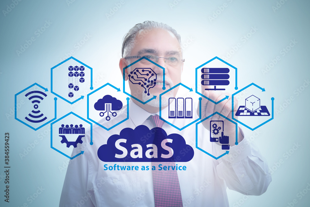 Poster software as a service - saas concept with businessman