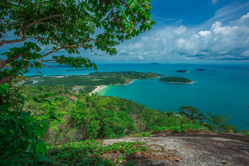 Obraz premium Natural high angle panoramic background With an atmosphere surrounded by mountains and trees, with a blurred wind, cool