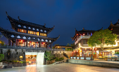 Night view of street buildings in Huizhou ancient city