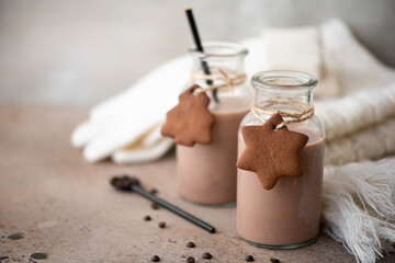 chocolate milk with cookies and warm knitted scarf