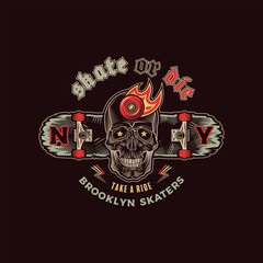 Skateboarding emblem with skull and skateboard. Print graphic and web design. Color vector illustration.