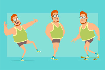 Cartoon flat funny redhead fat boy character in glasses, singlet and shorts. Boy jumping, riding on skateboard and showing thumbs up. Ready for animation. Isolated on blue background. Vector set.