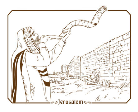 Jew in tallit blowing the shofar of Rosh Hashanah. Hand drawing illustration.
