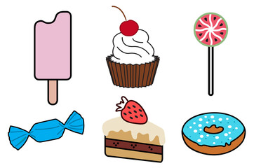 Set confectionery and sweets icons flat hand drawn style isolated