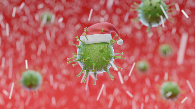 Christmas themed enveloped virus (SARS, COVID, INFLUENZA). Stylized with santa cap and snowy background.