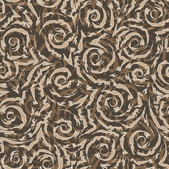 Beige seamless vector pattern of smooth lines and spirals with torn edges on a brown background.Texture for fabric or wrapping paper.