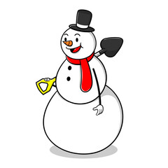 Funny Snowman Cartoon Characters carrying a shovel and get ready to cleaning a pile of snow best for sticker or decoration with winter themes for kids