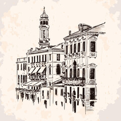 Sketch of street of an old European city with high-rise buildings and a tower. Handmade rough drawing on beige background.