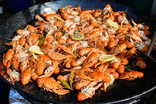 European crayfishes Astacus astacus (noble or broad-fingered crayfish, the most common species of crayfish in Europe) in a pan cooked at a street food festival, ready to eat healthy seafood .