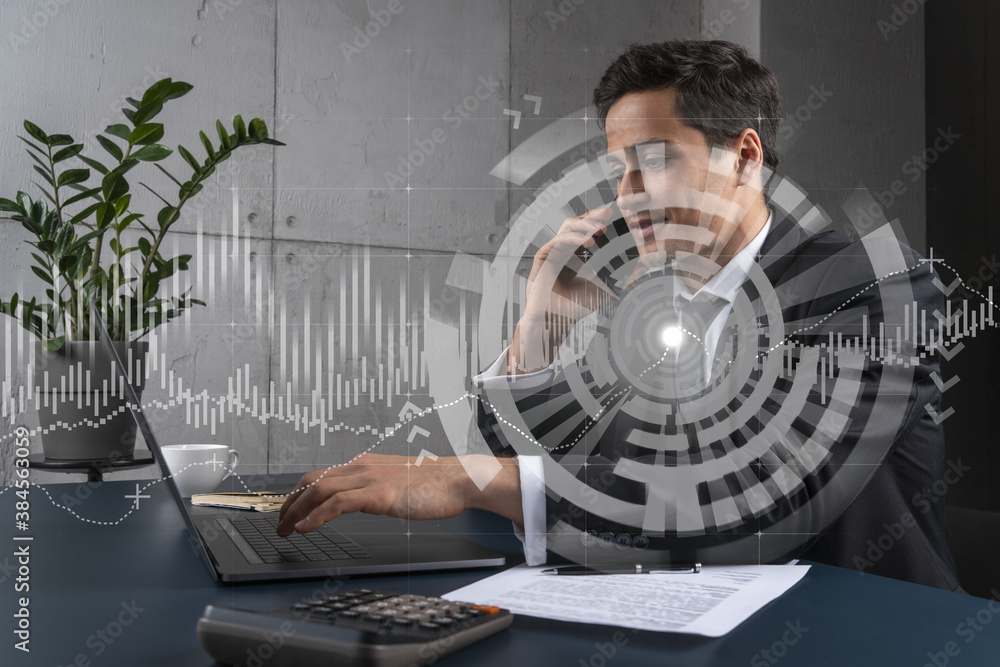 Poster businessman in office working with laptop technology online trading graph and chart, typing computer