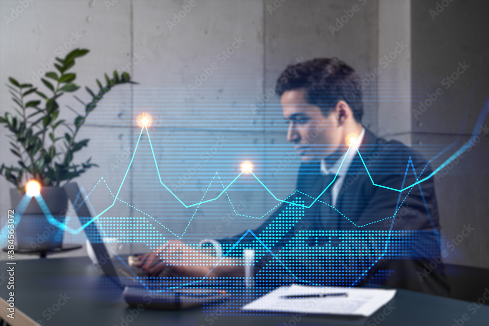 Poster businessman in office working with laptop technology online trading graph and chart, typing computer