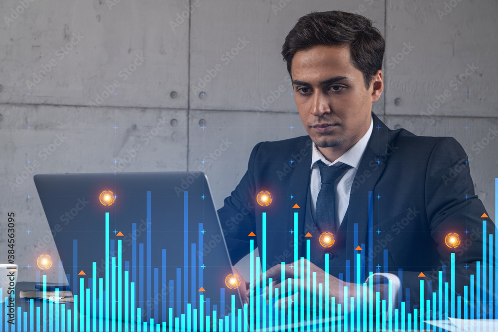 Poster businessman in office working with laptop technology online trading graph and chart, typing computer