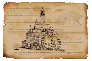 Antique beige papyrus with scratches and dirt and a sketch of the Cathedral of St. Mary in Venice..