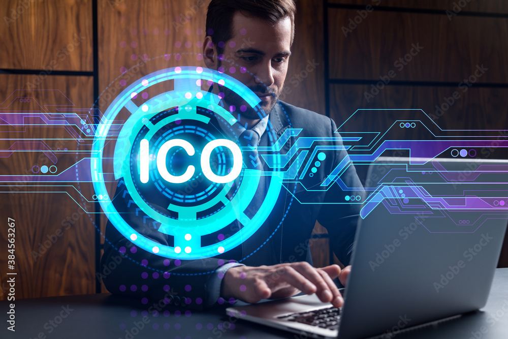 Poster businessman in office working with laptop technology online ico, typing computer assemble data drawi