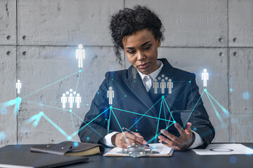 Businesswoman taking notes and social media icons hologram. Double exposure. Technology security network solution concept.