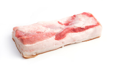 One large cutout of meat with lard on a white isolated background. Trading platform. The concept of fresh, natural products.