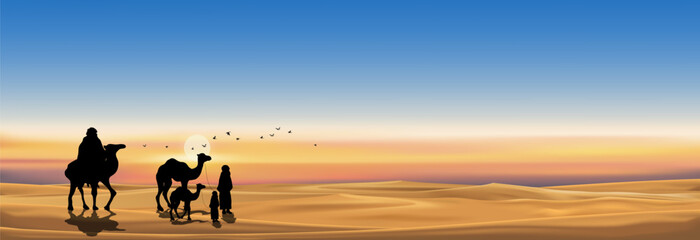 Vector illustration Arab family with camel walking in desert sands with sunset in evening,Panoramic Landscape Scenery of sun over mountains during twilight in orange color above desert and sand dunes. © Anchalee