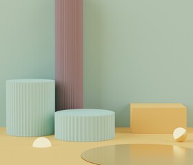 3D Podium stand with pastel color arches scene. Minimalist geometric vacant platform for mock up and presentation. Abstract background for commercial and cosmetic advertising.