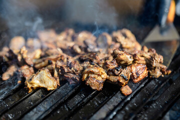 Different types of deep fried meat pieces being cooked with steam on a grill, in display for sale at a street food market.