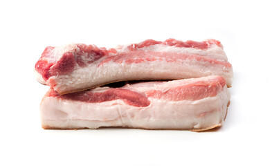 Fresh pig meat with layers of fat isolated on a white background. Butcher shop. The concept of fresh, natural products.