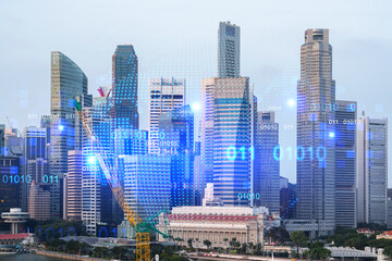 World planet Earth map hologram over panorama city view of Singapore, Asia. The concept of international connections and business. Multi Exposure.