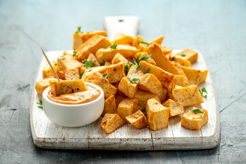 Patatas bravas traditional Spanish potatoes snack tapas on white wooden board