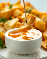 Patatas bravas traditional Spanish potatoes snack tapas on white wooden board