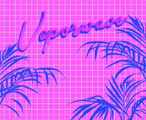Fototapeta na wymiar Neon sign on the wall made of pink square tiles, tropical palm leaves on the background. Vaporwave bathroom interior, trendy room design.
