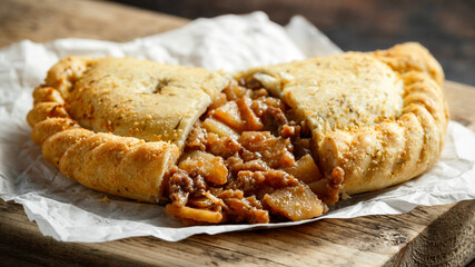 Traditional Cornish pasty filled with beef meat, potato and vegetables on black plate - obrazy, fototapety, plakaty