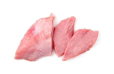 Turkey meat on a white background, large piece and small steaks. Butcher shop. The concept of natural products.