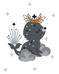 poster with magical fur seal - vector illustration, eps