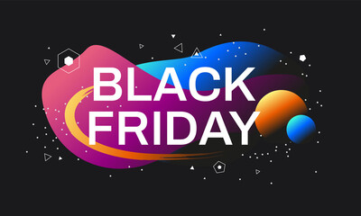 Black Friday banner concept with a black background and bright abstract gradient shapes. Creative design template for the shopping season