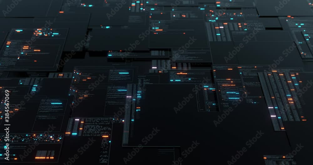 Poster HUD data User Interface. Programming source code abstract background. cyber technology futuristic data on a screen. Code, Numbers, Binary, Names. 3D render, 4K seamless loop.